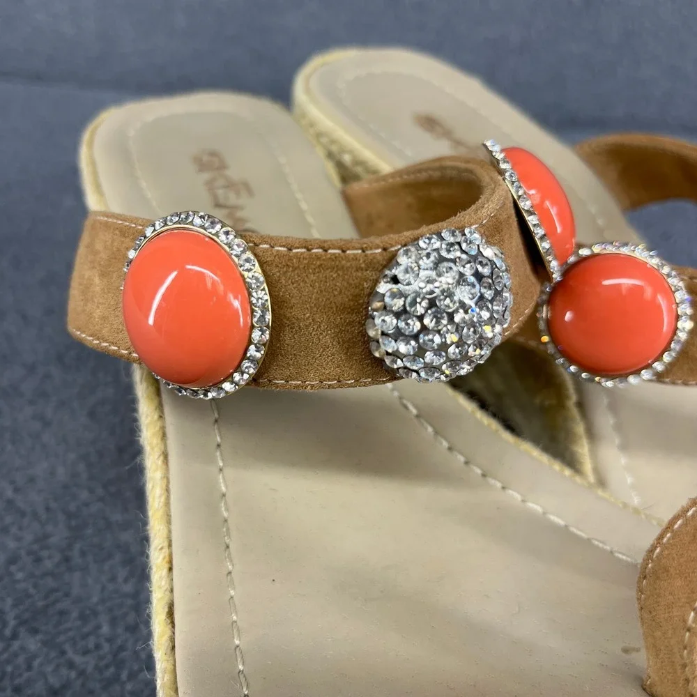 Skemo Wedge Sandals Womens 10‎ Tan Coral Embellished Espadrille Boho Rhinestone